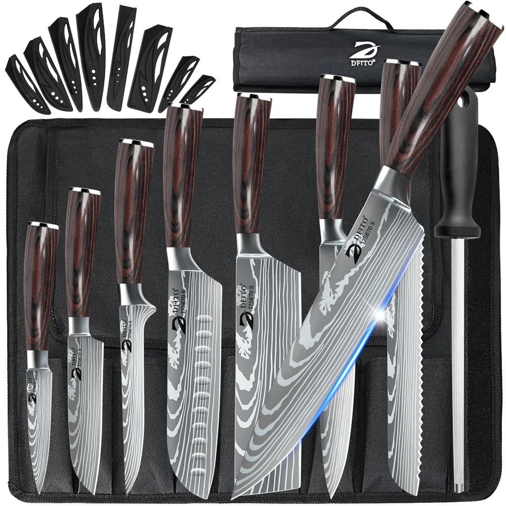 8PCS Damascus Stainless Steel Kitchen Knife Set Super Sharp Japanese Style Chef Santoku Cleaver Slicing Boning Utility Paring Knives Complete Cooking Cutlery Kit with Portable Protective Nylon Carry Bag for Home Kitchen Chef