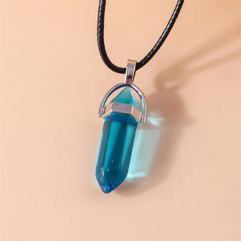 Stone Quartz Gem, Pink Crystal Stone Hexagonal Column Pendant, Necklaces, Leather Chain Bullet Necklace
