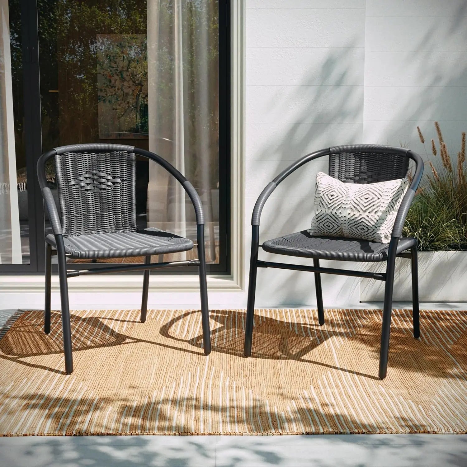 Stackable Rattan Chairs Curved Back Cross Bracing Indoor Outdoor Patio Custom