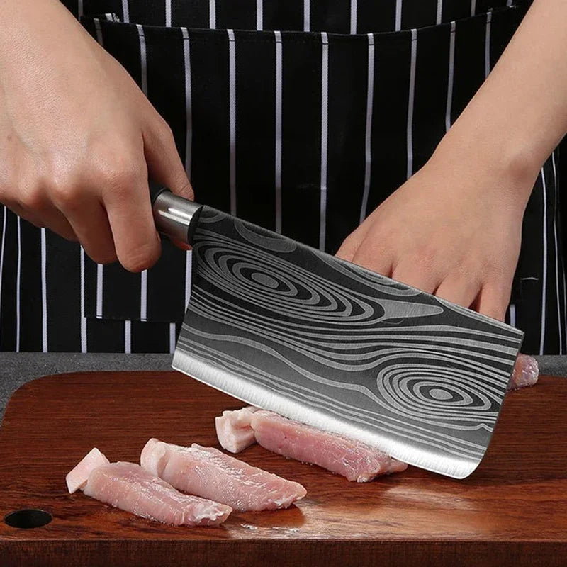 Laser Damascus Pattern Utility Kitchen Knives Scissors Sharpening Rod Set