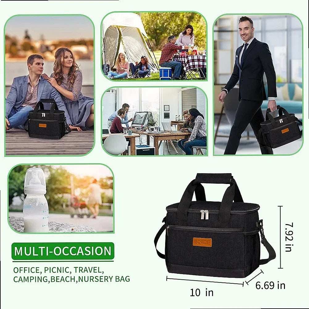 Black Insulated Lunch Box Bag Portable Picnic Food Handbag with Ice Pack for Student Dinner Hand-held Storage