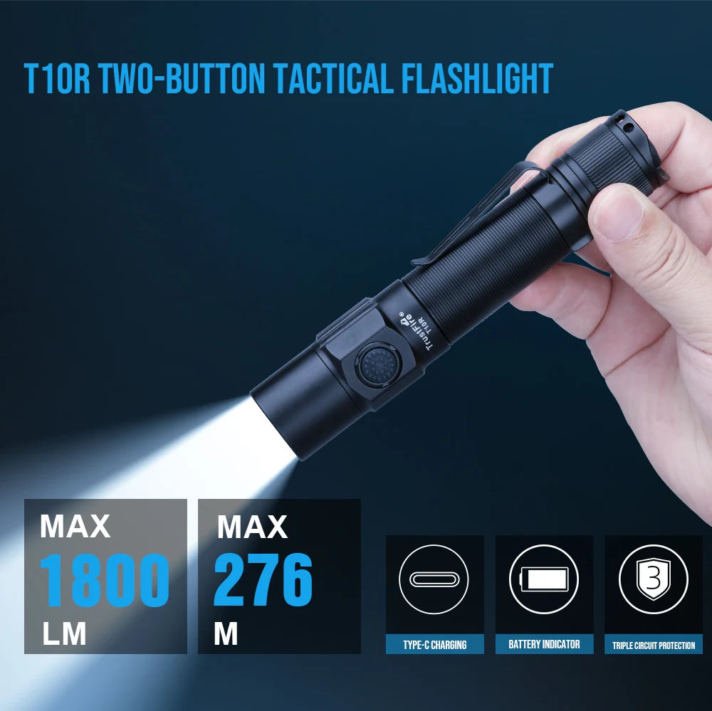 Trustfire T10R led Flashlight 1800 High Lumens Rechargeable Flashlights 5 Modes Super Bright IP68 LED Tactical Flashlight for Camping, Home, Emergency, Rescue, Hunting, Inspection, Repair, Tool Gifts for Men