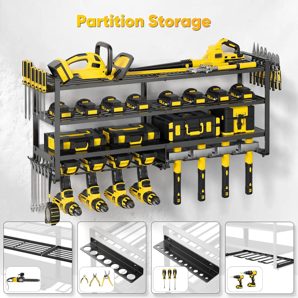 Heavy Duty Power Tool Organizer Wall Mount, 4-Layer Metal Shelf Holds 400 lbs, 8 Cordless Drill Holder for Garage Workshop