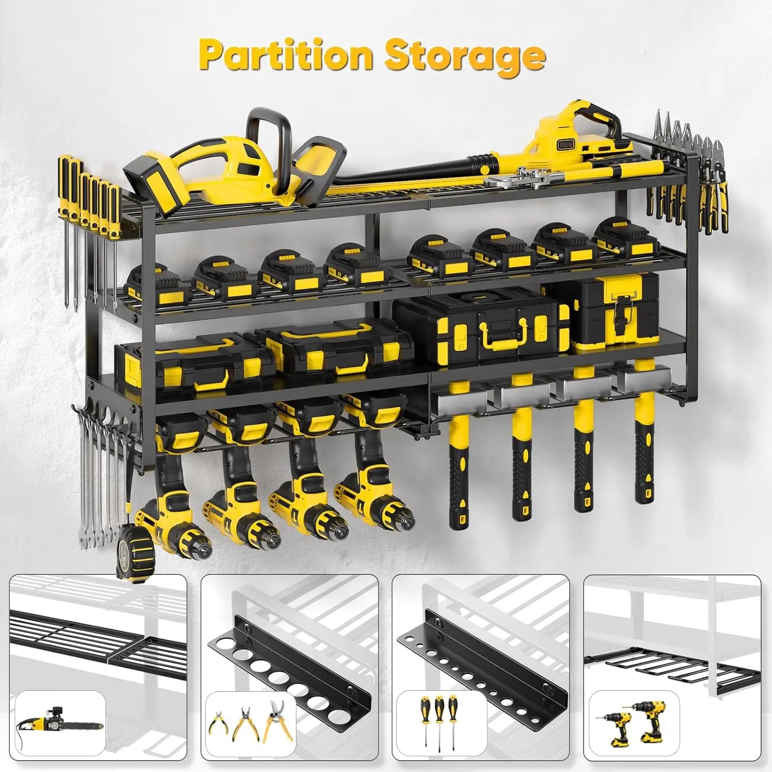 Heavy Duty Power Tool Organizer Wall Mount, 4-Layer Metal Shelf Holds 400 lbs, 8 Cordless Drill Holder for Garage Workshop