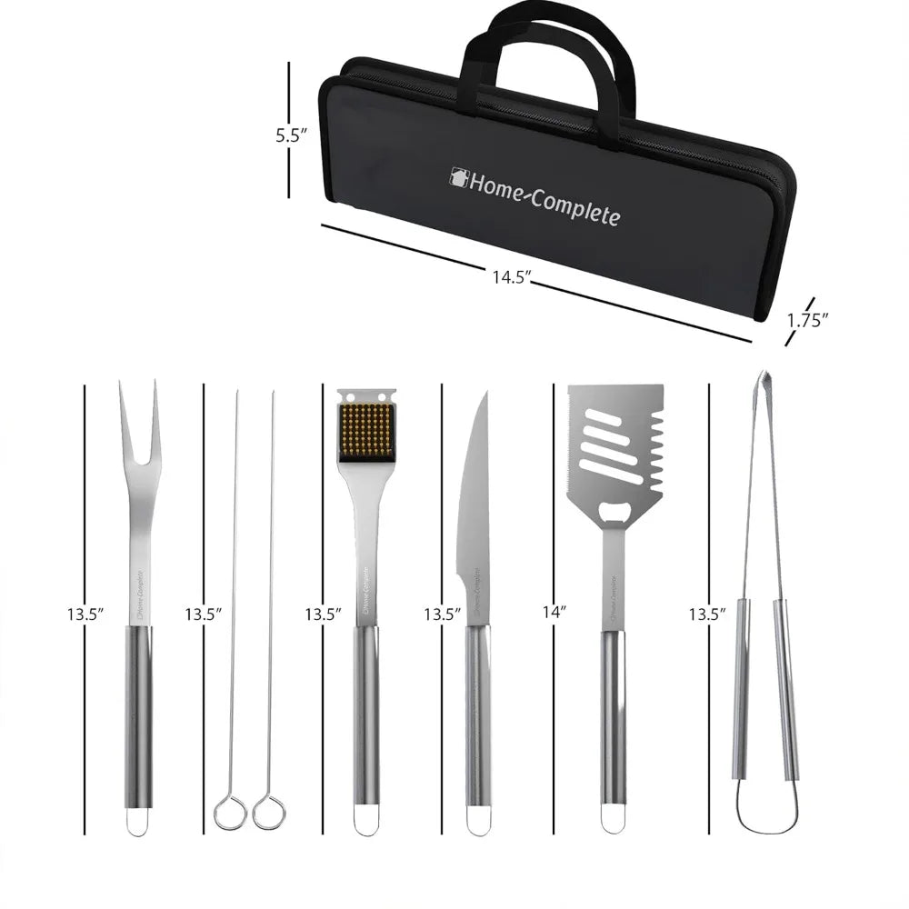 7-Piece BBQ Grill Tool Kit - Stainless Steel Set with Spatula, Tongs, Fork, Knife, Brush, Skewers & Case
