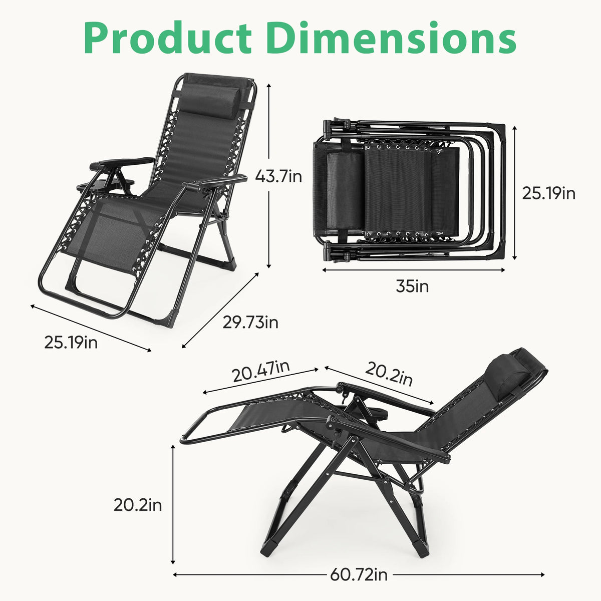 Zero Gravity Recliner Camping Patio Lounge Chair Folding Portable with Cup Holder Trays Removable Cushion For Outdoor Garden