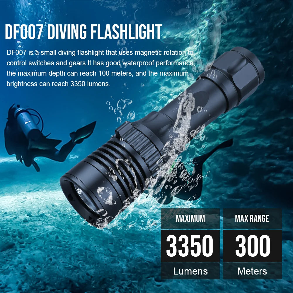 Trustfire DF007 3350 Lumen LED Rechargeable Diving Flashlight Scuba Underwater 100m Waterproof 300M Light Range Photography Video Light