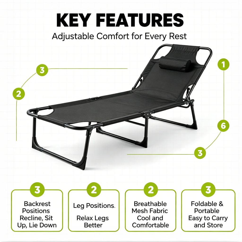 70''L*22''W Folding Camping Lounge Chair Portable Tanning Recliner Chair with Adjustable Backrest and Headrest Pillow Outdoor Sun Lounger for Beach Pool Patio Office Nap