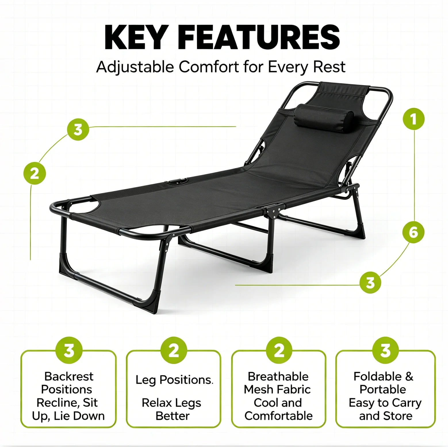 70''L*22''W Folding Camping Lounge Chair Portable Tanning Recliner Chair with Adjustable Backrest and Headrest Pillow Outdoor Sun Lounger for Beach Pool Patio Office Nap