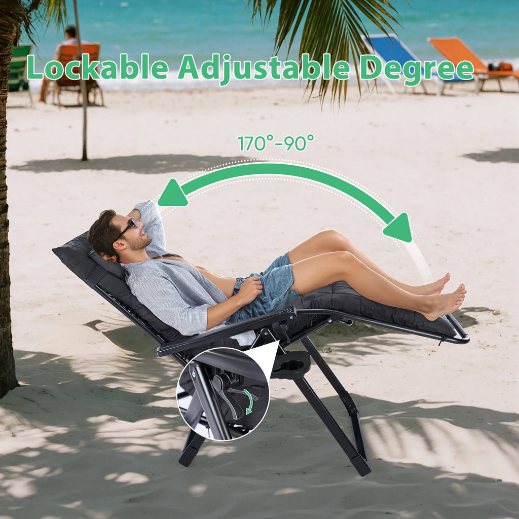 Zero Gravity Recliner Camping Patio Lounge Chair Folding Portable with Cup Holder Trays Removable Cushion For Outdoor Garden