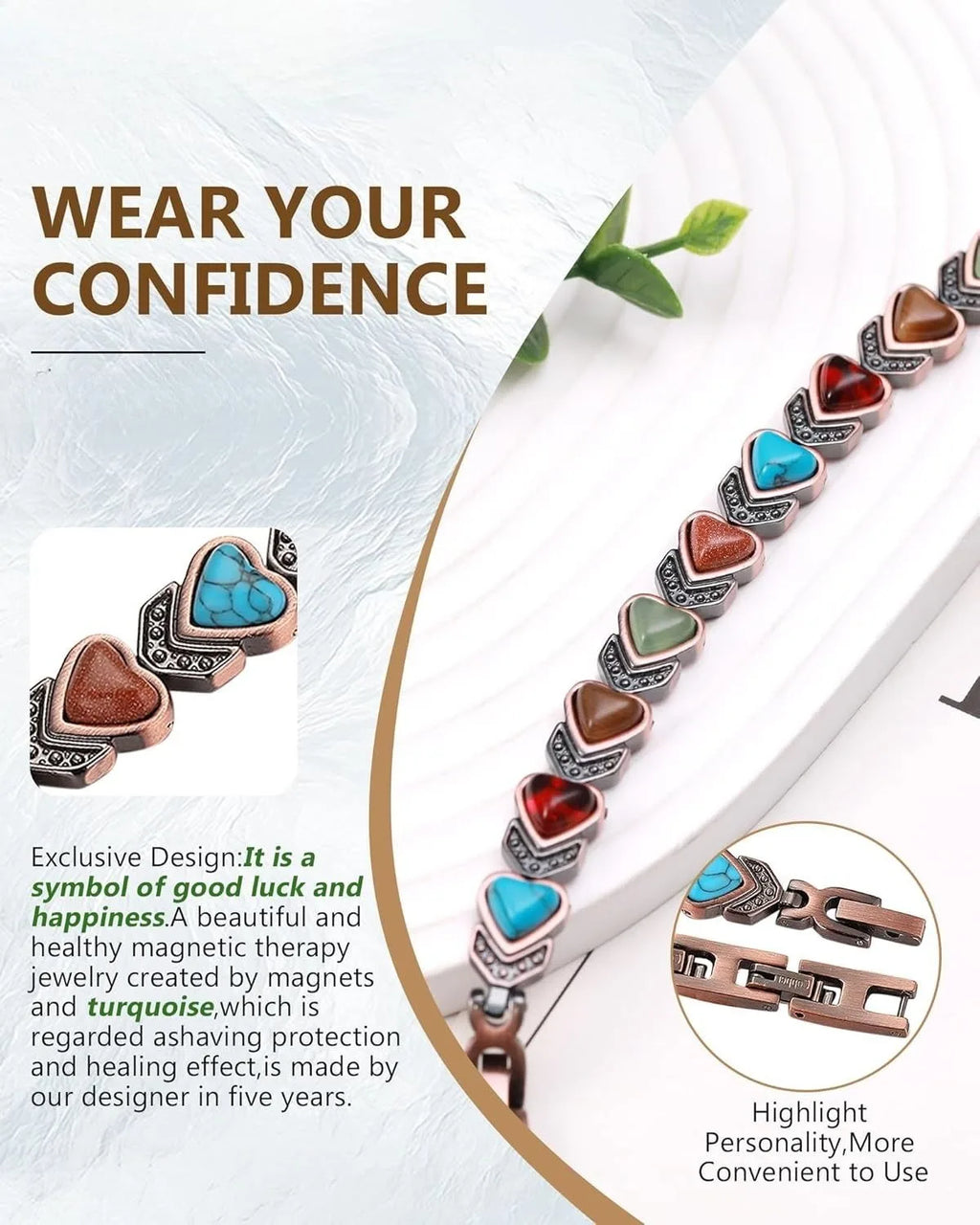 Pure Copper Bracelets, Ultra Strength Magnetic Bracelet with 3800 Gauss Magnets & Natural Turquoise & Stones, Adjustable, Jewelry Gift