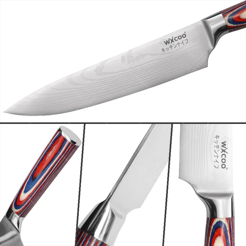 Kitchen Accessories 7PCS Professional Stainless Steel Knife Set with Sharpening Rod Wooden Holder