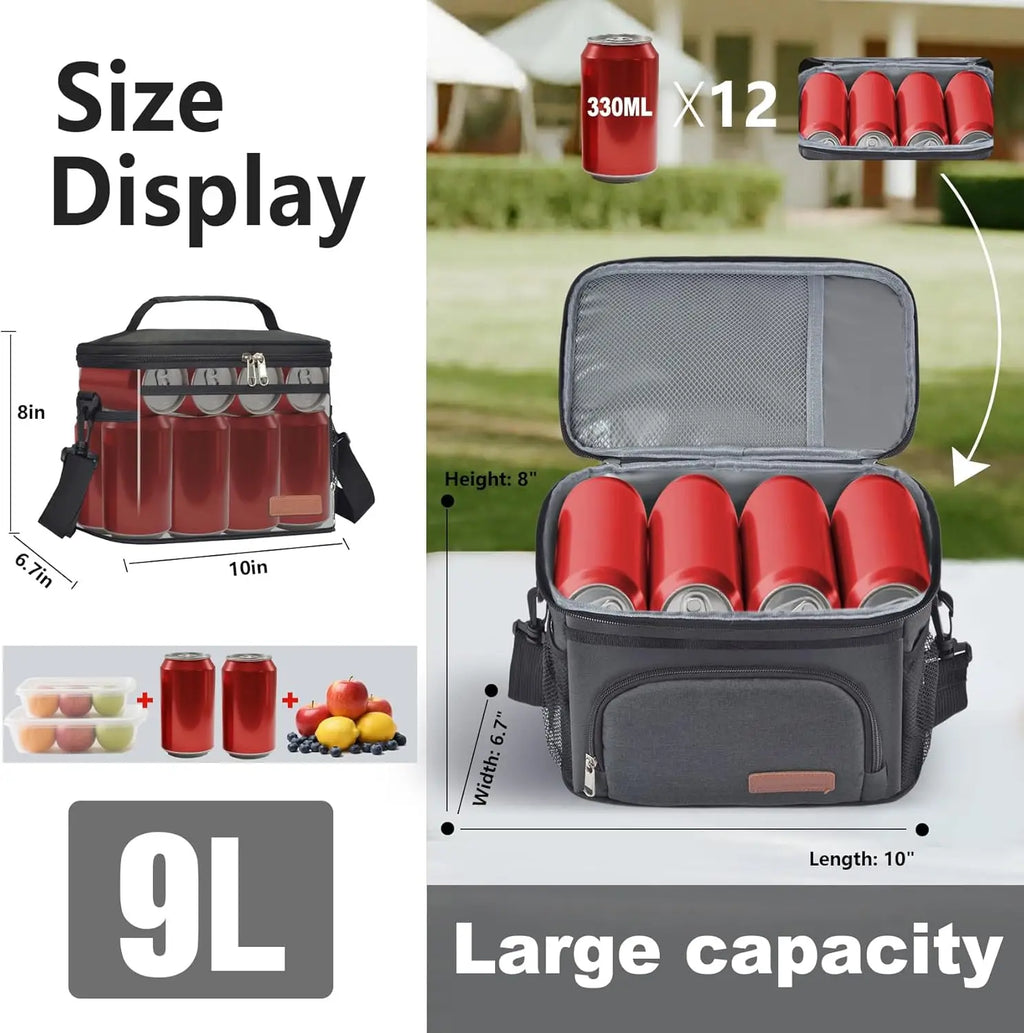 ExtraCharm Insulated Lunch Bag for Women/Men - Reusable Lunch Box for Office Picnic Hiking Beach - Leakproof Cooler Tote Bag Organizer with Adjustable Shoulder Strap for Adults - Black