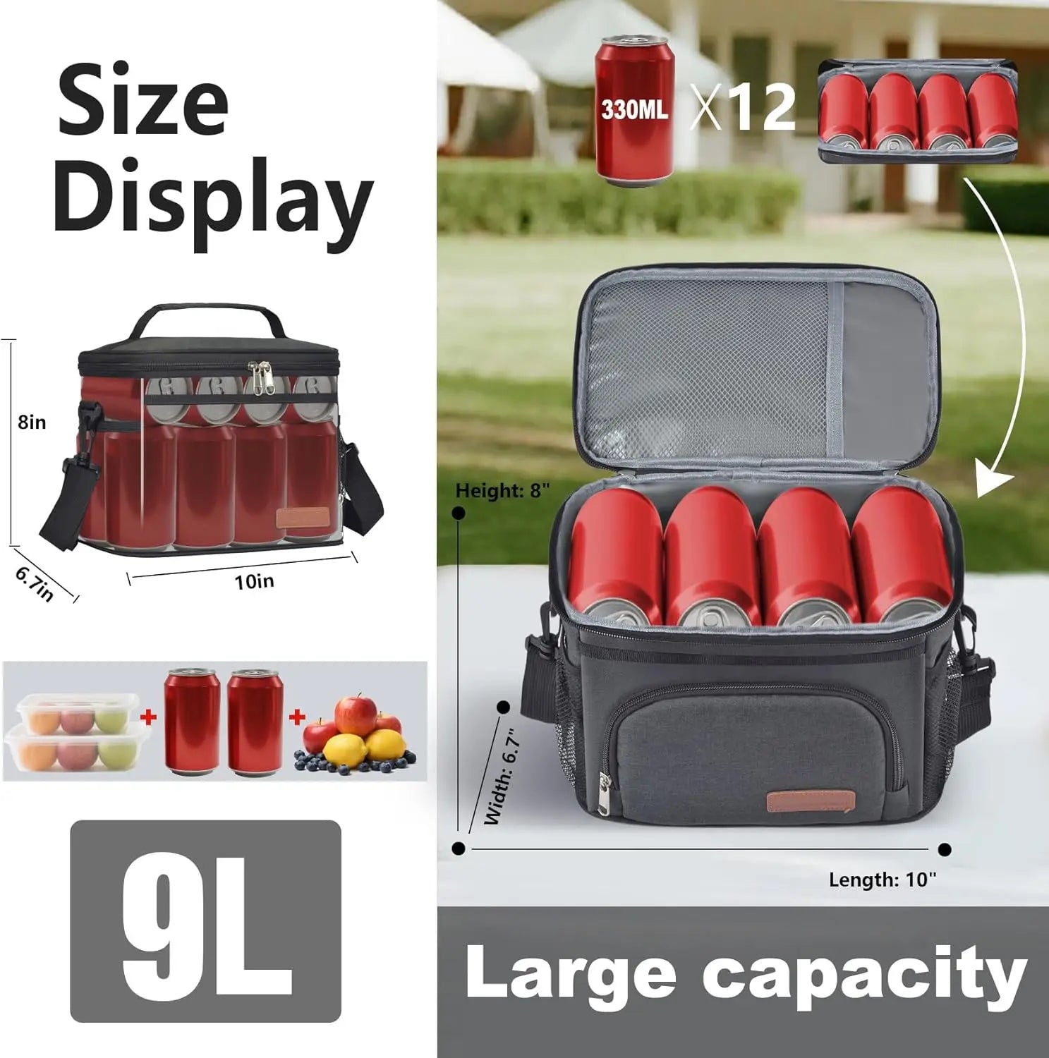ExtraCharm Insulated Lunch Bag for Women/Men - Reusable Lunch Box for Office Picnic Hiking Beach - Leakproof Cooler Tote Bag Organizer with Adjustable Shoulder Strap for Adults - Black