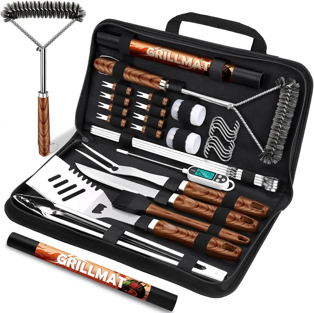 31pcs BBQ Grill Accessories Set - Heavy Duty Grilling Tools Gift for Men Dad, Stainless Steel Utensils Kit with Mats, Brush, Carrying Bag