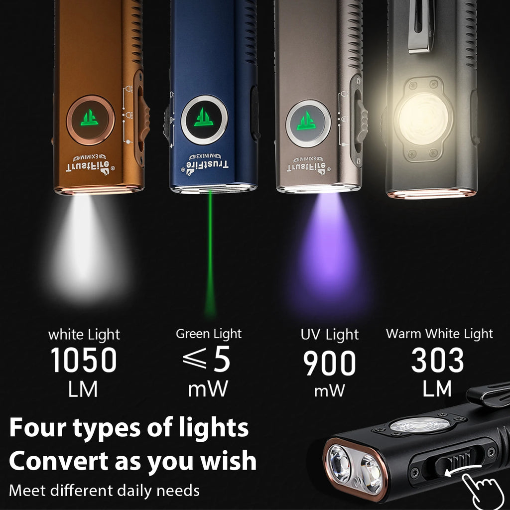 TrustFire MINIX3 Flat EDC Flashlight with White Light, Flood Light, UV and Green Light, 1050 Lumens Portable Rechargeable Flashlights, 4-in-1 Lighting Modes Pocket Lights for Camping, Emergency
