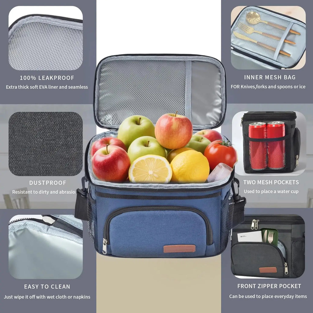 Insulated Lunch Bag for Women/Men - Reusable Lunch Box for Office Picnic Hiking Beach - Leakproof Cooler Tote Bag Organizer with Adjustable Shoulder Strap for Adults - Blue