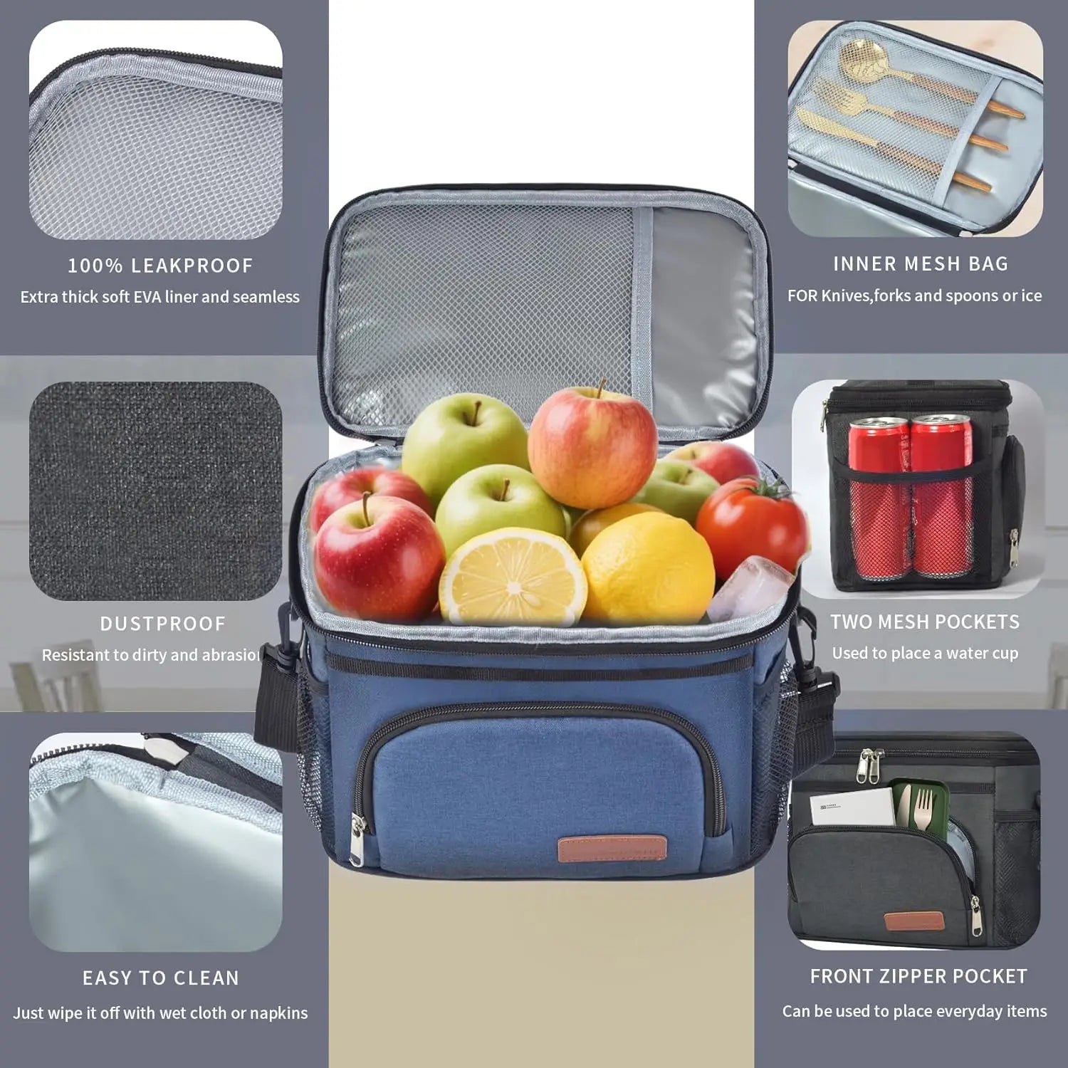 Insulated Lunch Bag for Women/Men - Reusable Lunch Box for Office Picnic Hiking Beach - Leakproof Cooler Tote Bag Organizer with Adjustable Shoulder Strap for Adults - Blue