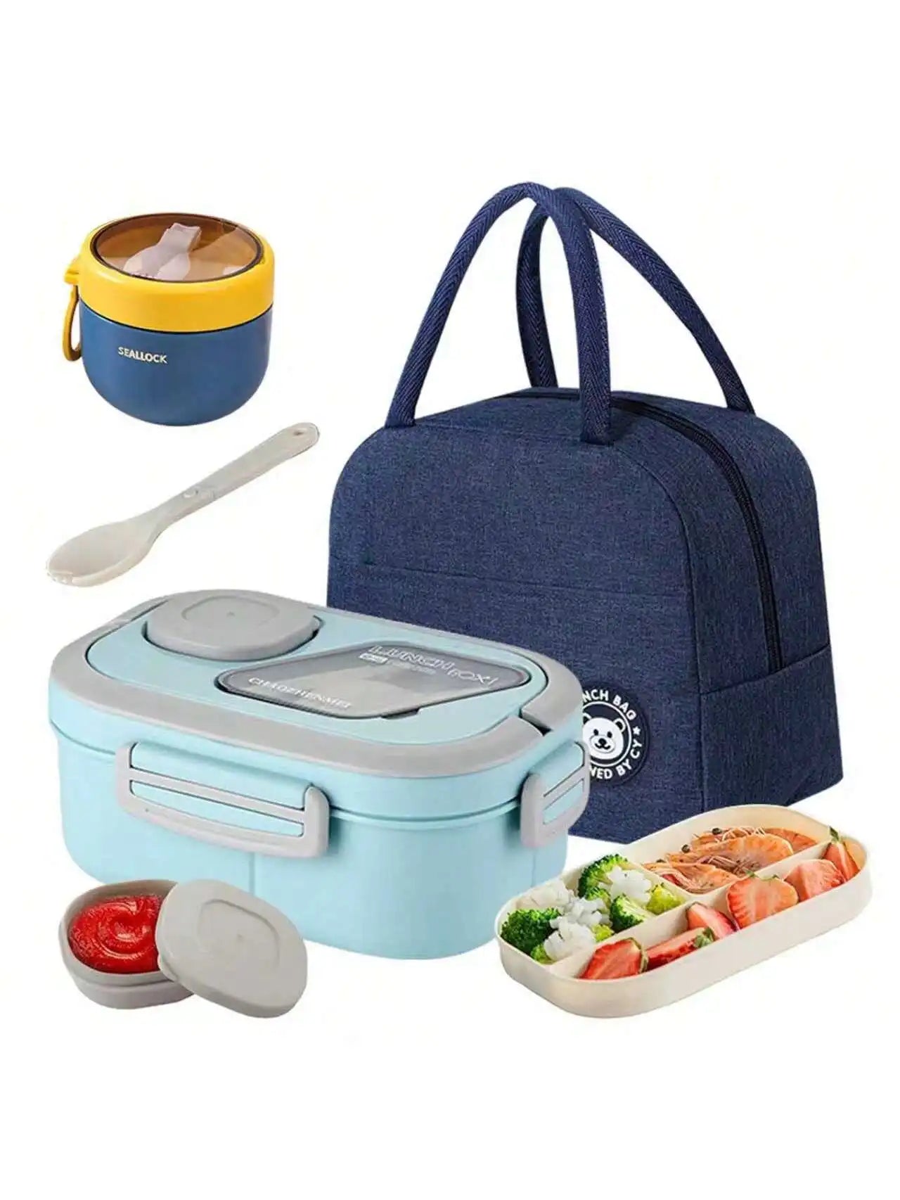 2-Layer Multi-Compartment Insulated Lunch Box Set: Lunch Box + Cup + Bag. Portable Large Capacity Food Container With Handle, Reusable Microwaveable Plastic Lunch Box For Office Workers, Students, Office, School, Party, Outdo