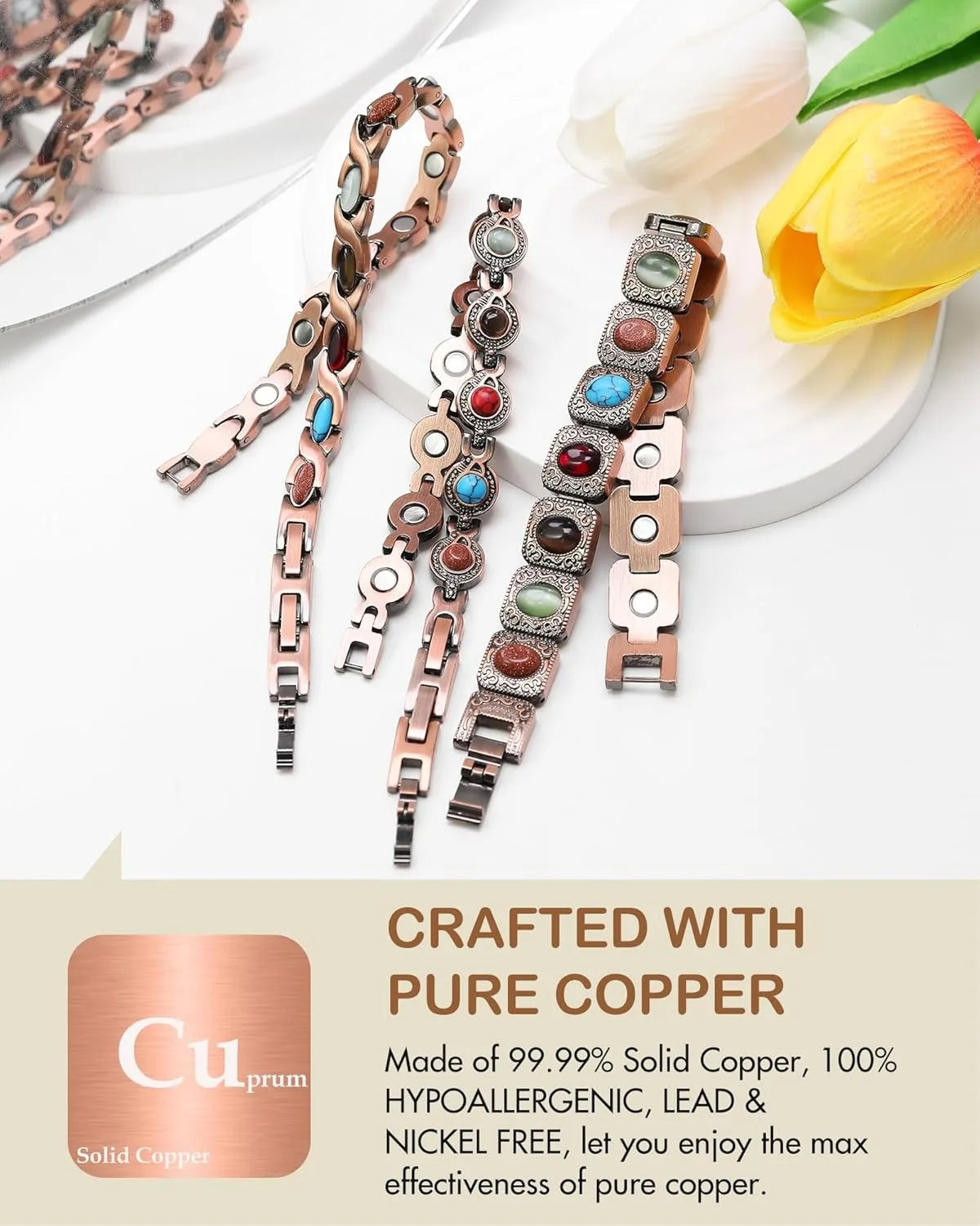 Ultra Strength Pure Copper Magnetic Bracelet for Women with 3800 Gauss Magnets Natural Turquoise Stones Adjustable Jewelry Gift