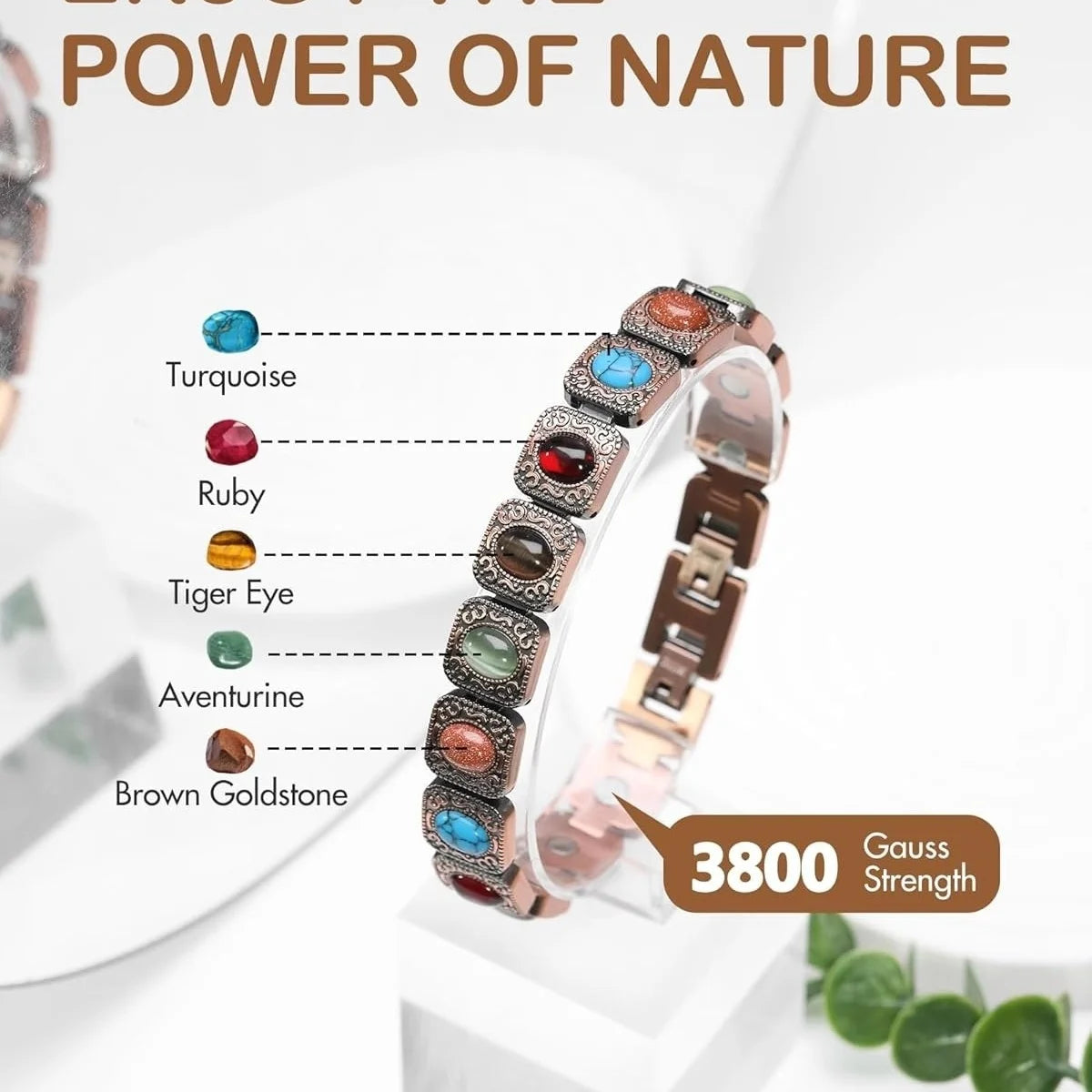 Ultra Strength Pure Copper Magnetic Bracelet for Women with 3800 Gauss Magnets Natural Turquoise Stones Adjustable Jewelry Gift