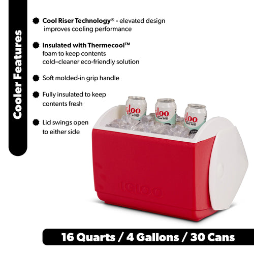 16 QT Playmate Elite Ice Chest Cooler Holds 30 Cans Compact Red Portable Insulated Beverage Chiller