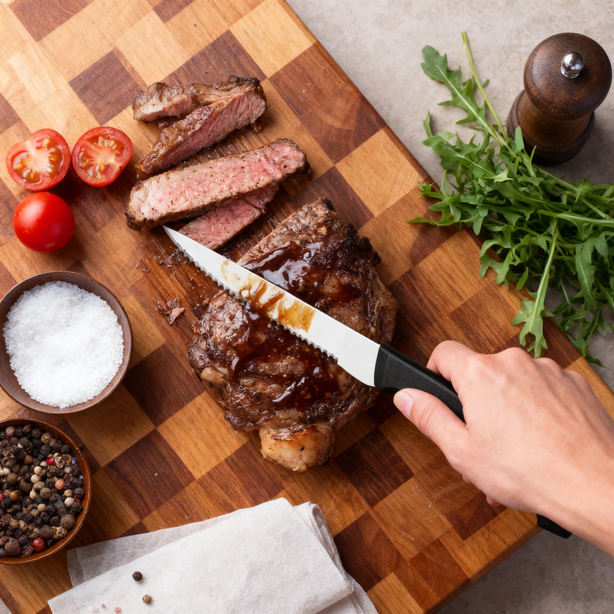 6Pcs Serrated Steak Knife Set Stainless Steel Sharp Table Knives Black Ergonomic Handle Dinner Cutlery For Home Restaurant BBQ Meat Cutting Kitchen Tool