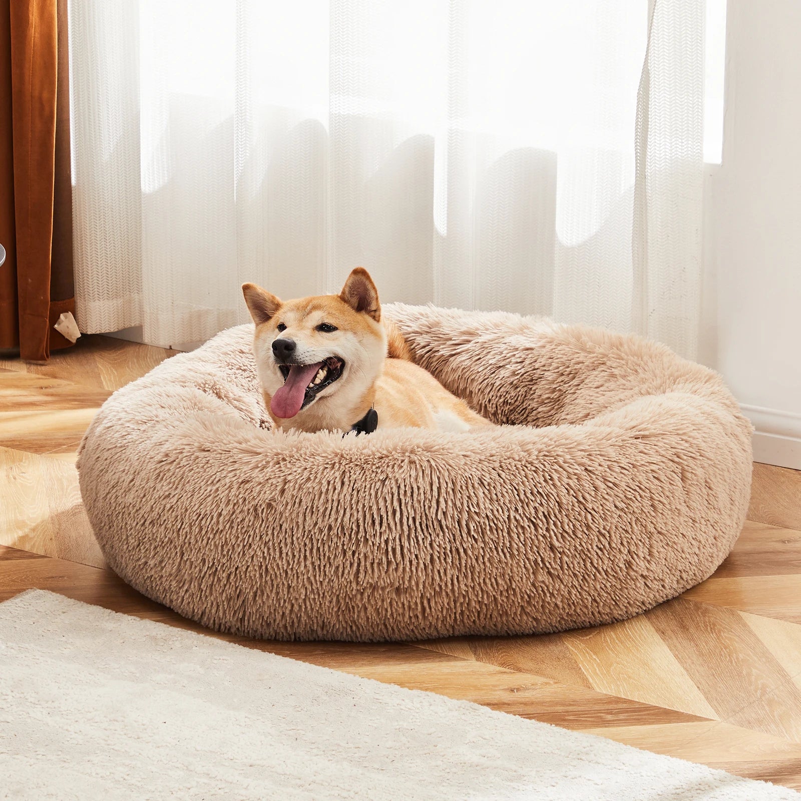 JHK Calming Dog Bed for Medium to Large Dogs Washable Large Pet Bed Anti-Slip Round Fluffy Plush Dog Bed