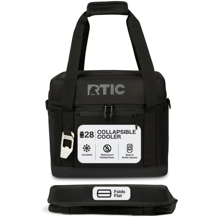 28-Can, 27 Qt Collapsible Soft Cooler with Bottle Opener for Outdoor Use, Black Insulated Fabric, Lightweight Leakproof