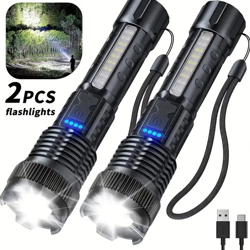 2PCS High Power LED Flashlight Strong Light Tactical Torch Rechargeable Portable Lamp Outdoor Emergency Camping Lantern