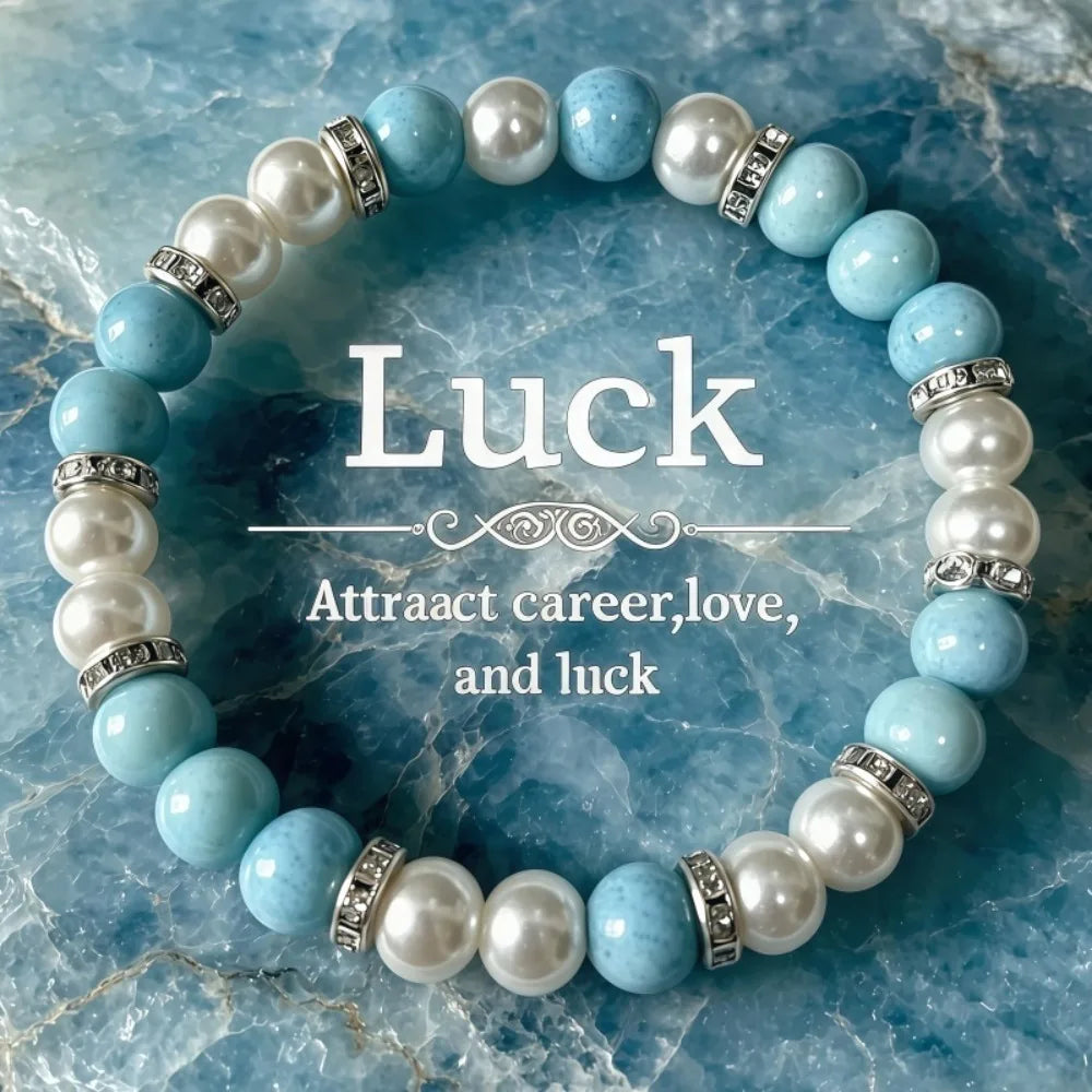 1pc Fresh Turquoise & White Pearl Color Block Beaded Bracelet, Simple Marble Texture Handcrafted Design, Bohemian Style, Attracts Wealth & Prosperity, Promotes Career Growth, Suitable for Daily Wear, Unisex, Perfect Gift for