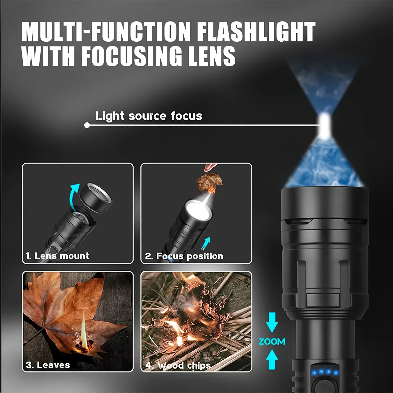 Zoomable LED Flashlight with Lens Ignition Function, Rechargeable High Power Tactical Flashlight, USB Charging with Power Indicator Light, Perfect for Outdoor Camping, Survival & Emergency Use