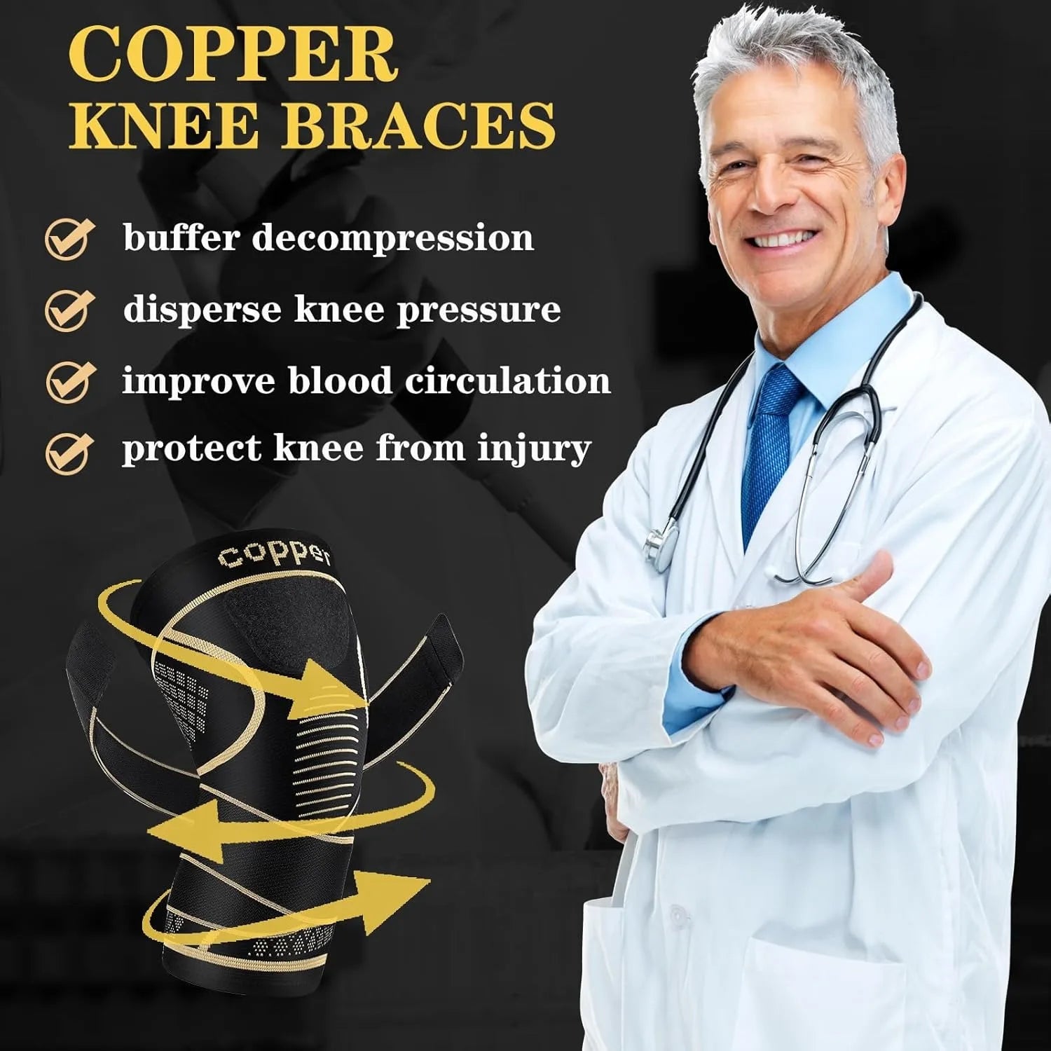 Copper Knee Braces with Strap, for Knee Pain Women and Men, Knee Compression Sleeve for Arthritis, ACL, Meniscus Tear