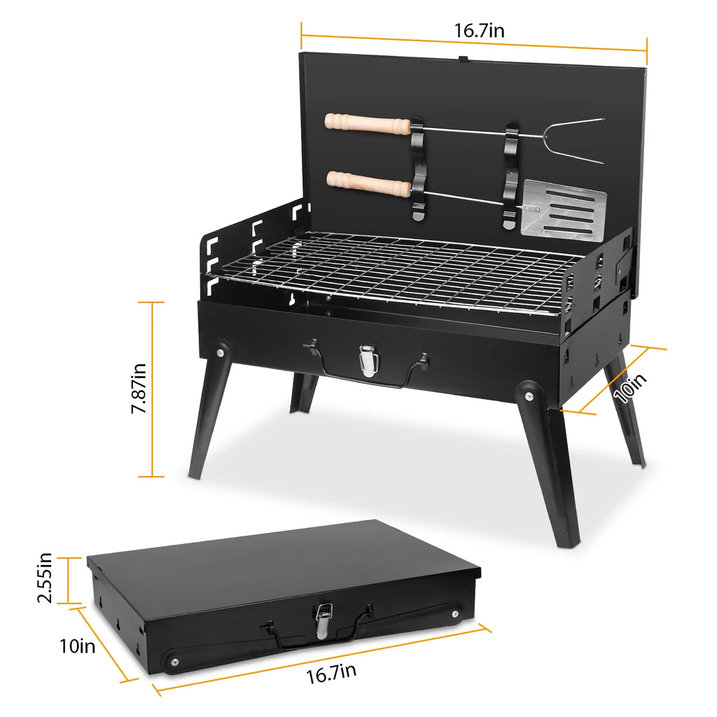 1Pc 16.7x10x17.7in Portable Charcoal Grill For Spring Summer Outdoor Activities Foldable BBQ Suitcase Grill Shelf For Outdoor Camping Picnics Garden Grilling Fedex Shipping
