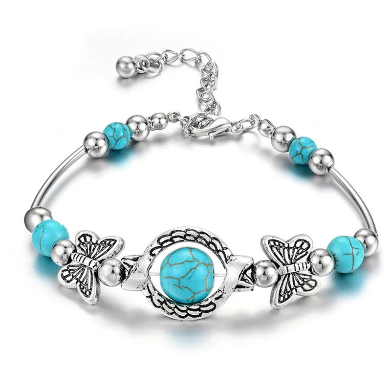 Vintage Silver Turquoise Bead Bracelet for Women Butterfly Charm Round Stone Wrist Chain Bohemian Fashion Jewelry Gift