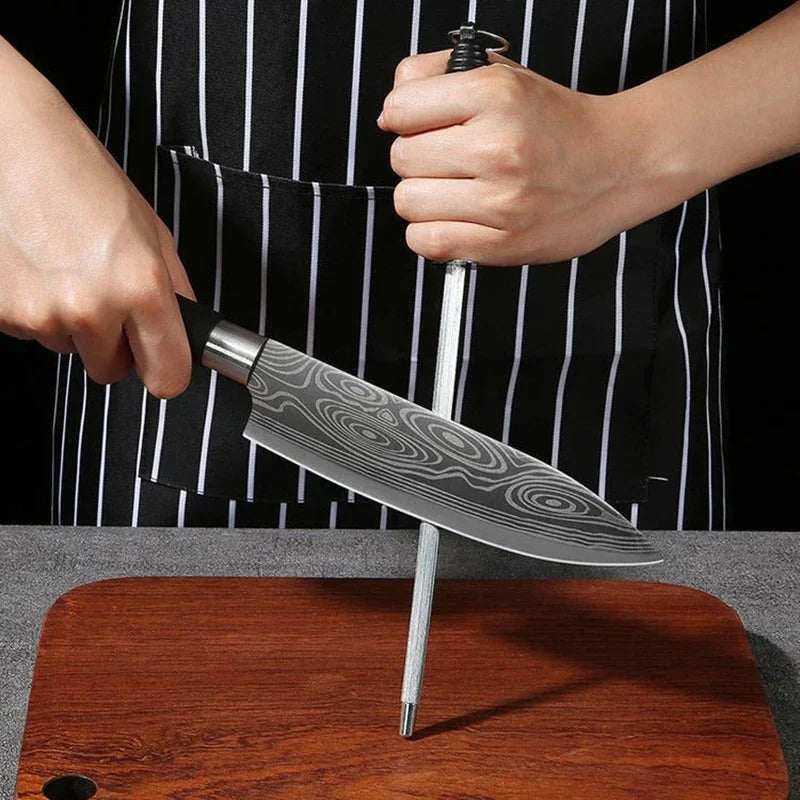 Laser Damascus Pattern Utility Kitchen Knives Scissors Sharpening Rod Set