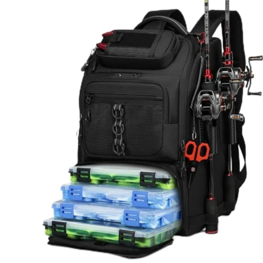 Fishing Tackle Backpack, Tackle Bags with 2 Rod Holders, Water-Resistant Tackle Bag Storage Bag for Fishing Gear Black