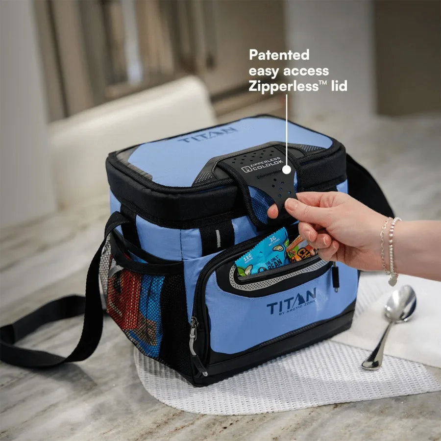 Zipperless soft cooler for outdoor use, 6-quart capacity, rainwash blue color, lightweight and leakproof design