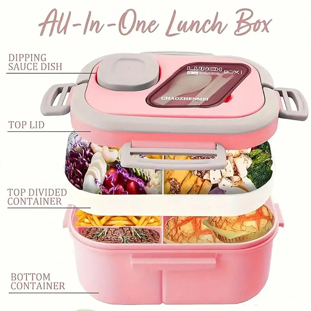 2-Layer Multi-Compartment Lunch Box Set: Lunch Box + Cup + Bag. Includes Cutlery And Sauce Container. Microwave-Security, Suitab