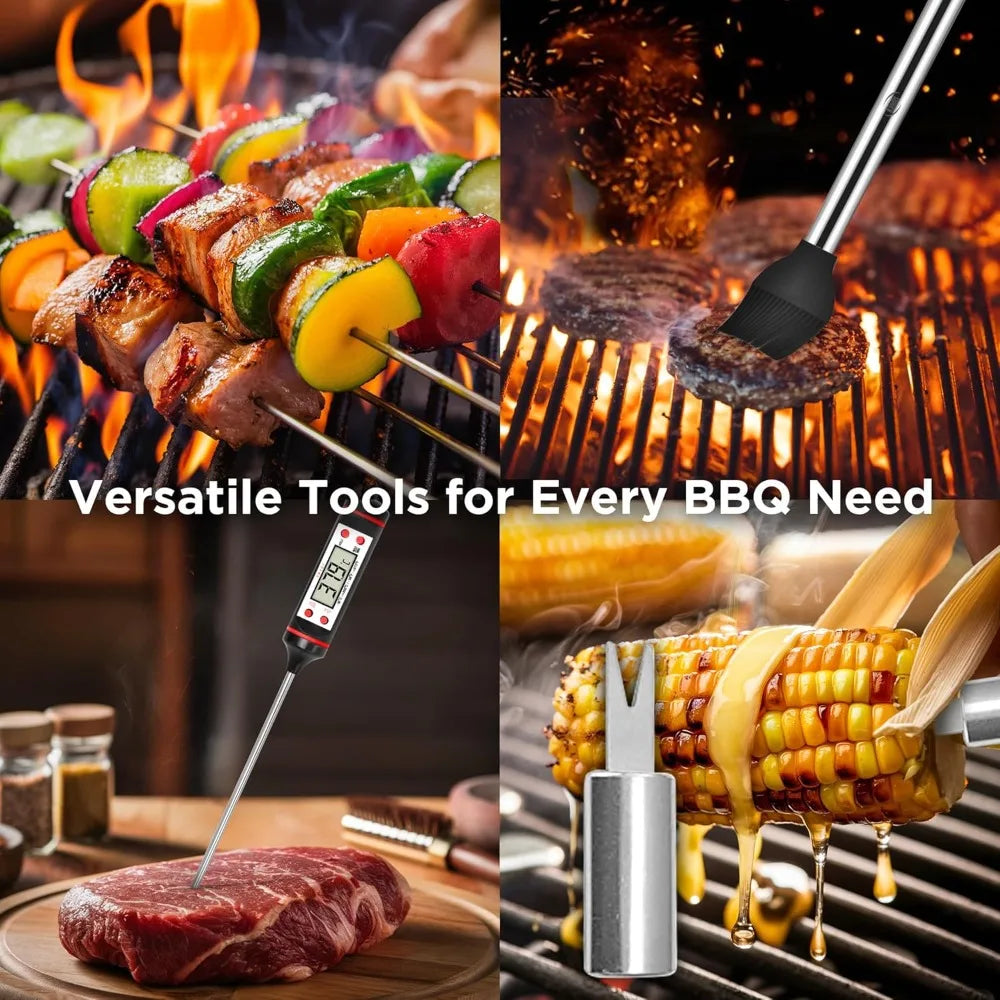 Heavy Duty Stainless Steel Grill Set with Meat Thermometer, Case and Apron for Outdoor BBQ