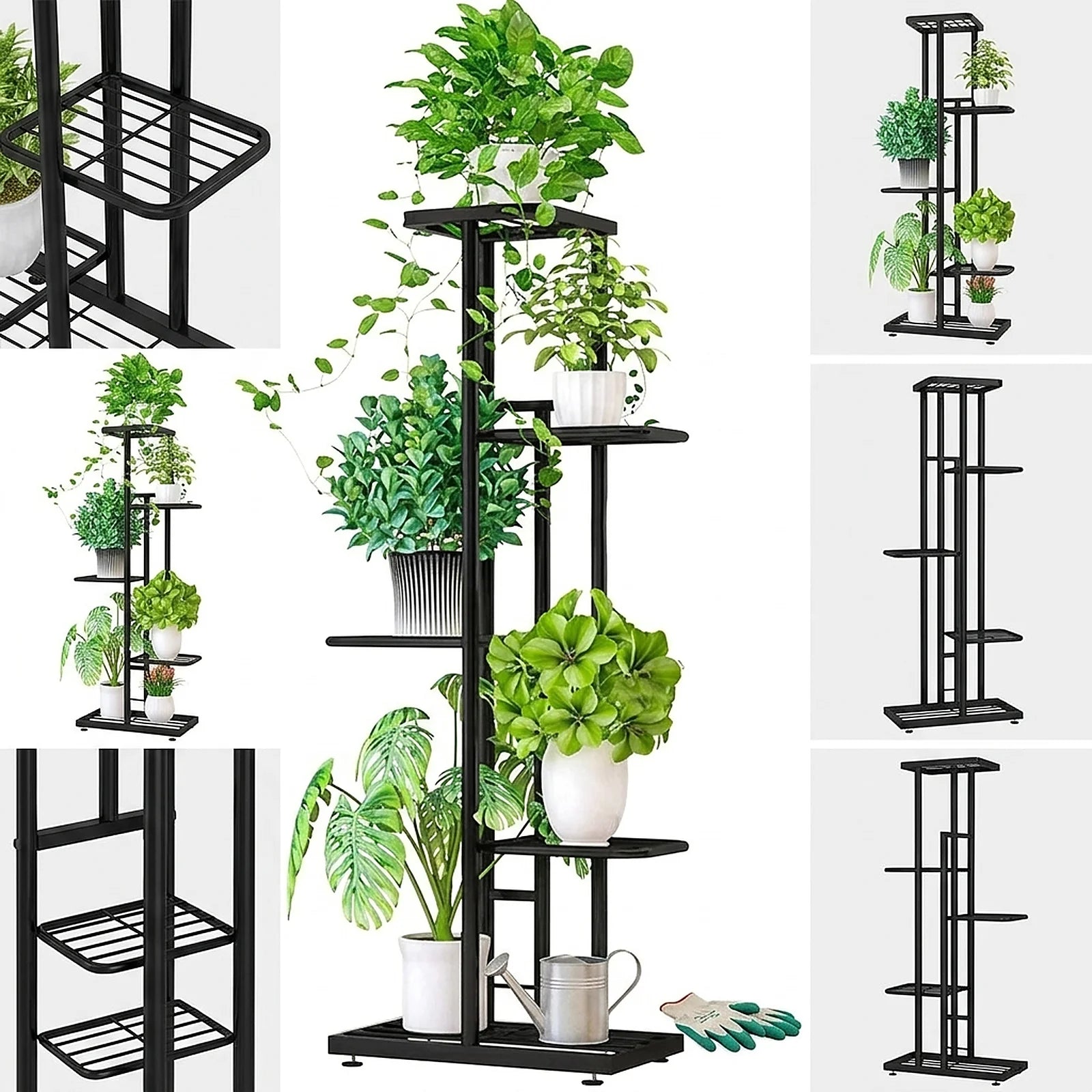 5 Tier Black Metal Plant Stand, Narrow Indoor Outdoor Plant Rack With Grid Shelves For Balcony or Corner