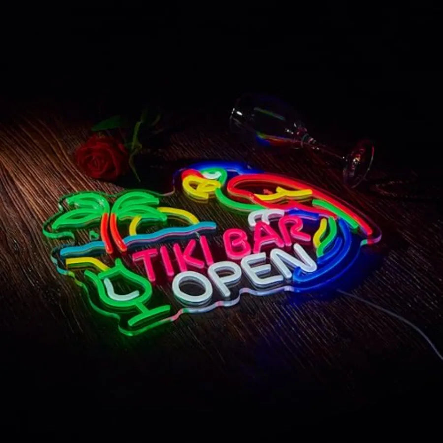 Tiki Bar Open Neon Sign for Tiki Open Wall Décor with Dimmable Switch Hawaii Pool Beach Bar LED Neon Signs Art Decor Light