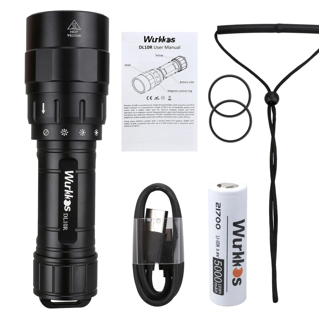 DL10R Scuba Diving Torch XHP70.2 LED Flashlights 4500lm 21700 USB-C Rechargeable Rotary Switch Magnetic Control
