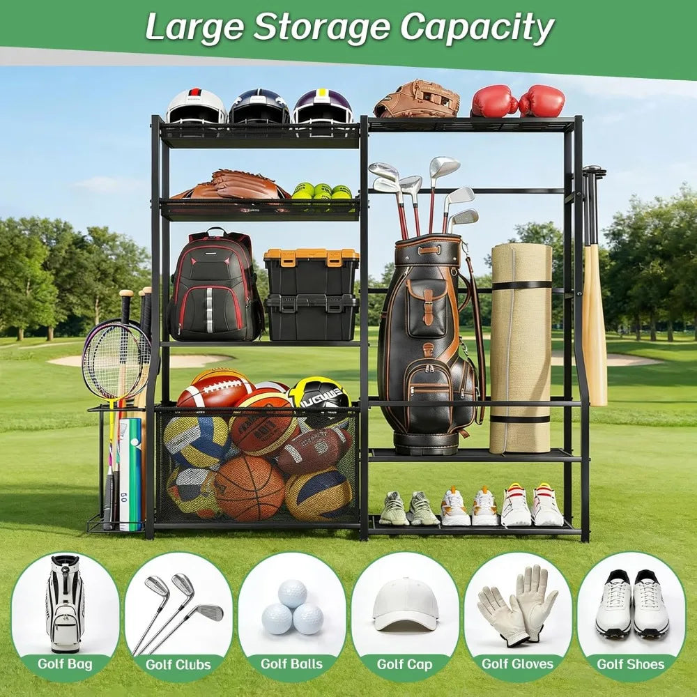 Large Sports Organizer for Garage, Ball Storage Rack with Side Racks, Baskets, Hooks, Multi-Purpose Golf Gear Storage for Gym Indoor Outdoor