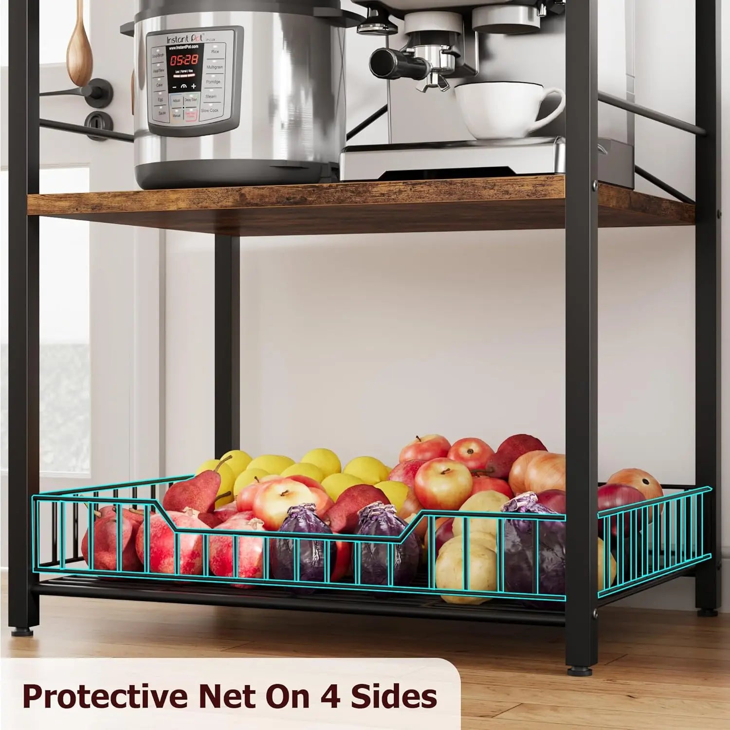4-Tier Kitchen Bakers Rack & Microwave Oven Stand with Large Wire Basket, Industrial Coffee Bar Station with Hooks, Kitchen
