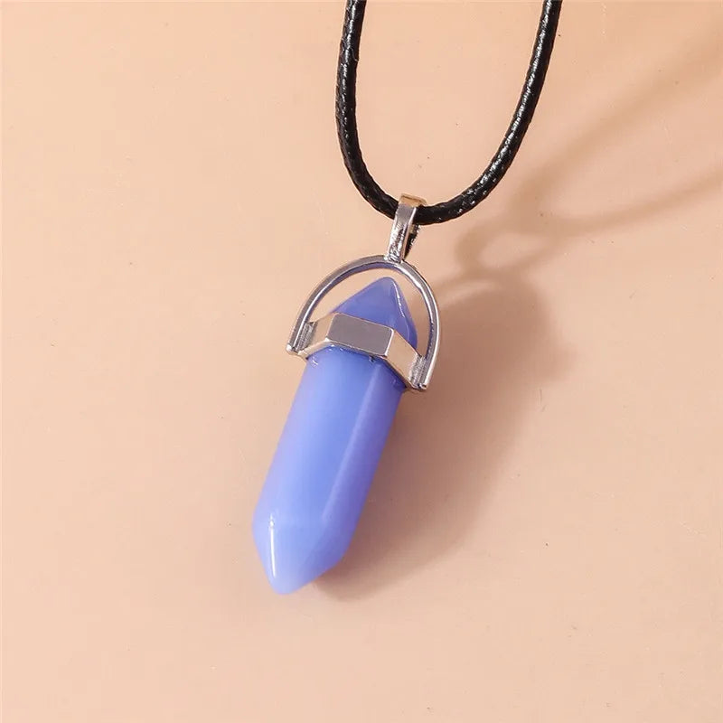 Stone Quartz Gem, Pink Crystal Stone Hexagonal Column Pendant, Necklaces, Leather Chain Bullet Necklace