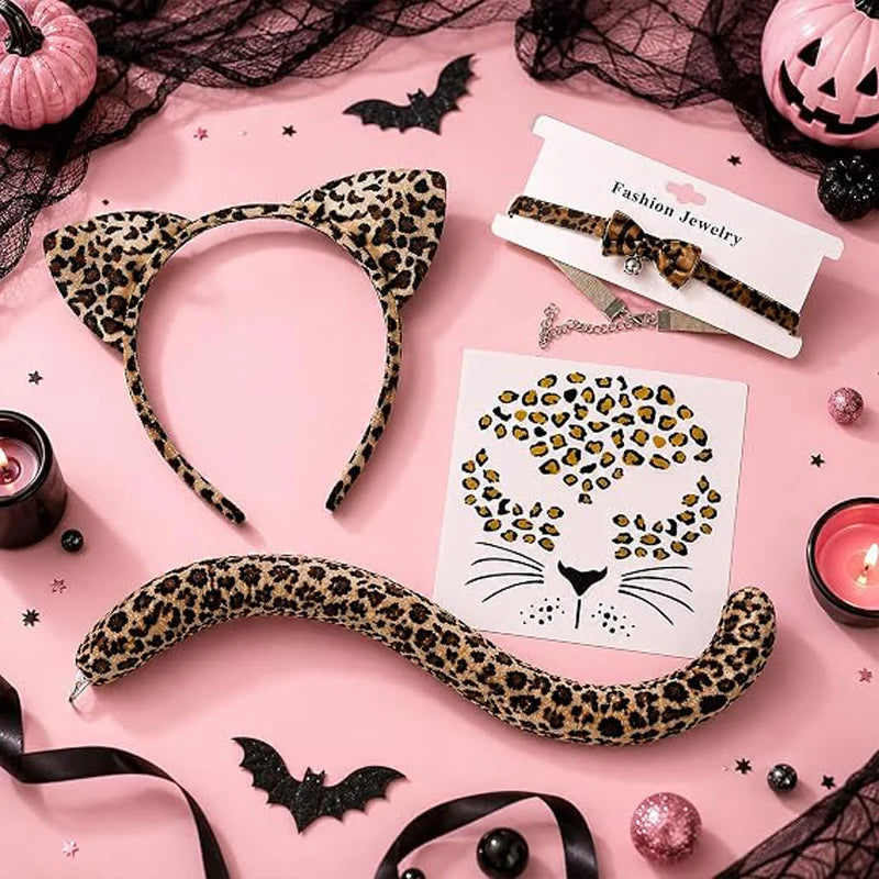 Cheetah Ears Headband Leopard Tail Collar Face Stickers for Women Leopard Collar with Bowtie Bell,Face Sticker,Halloween Cheetah Costume Accessory Set for Women ,Adult Leopard Cosplay