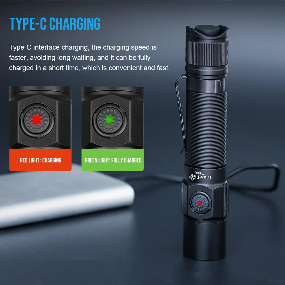 Trustfire T10R led Flashlight 1800 High Lumens Rechargeable Flashlights 5 Modes Super Bright IP68 LED Tactical Flashlight for Camping, Home, Emergency, Rescue, Hunting, Inspection, Repair, Tool Gifts for Men