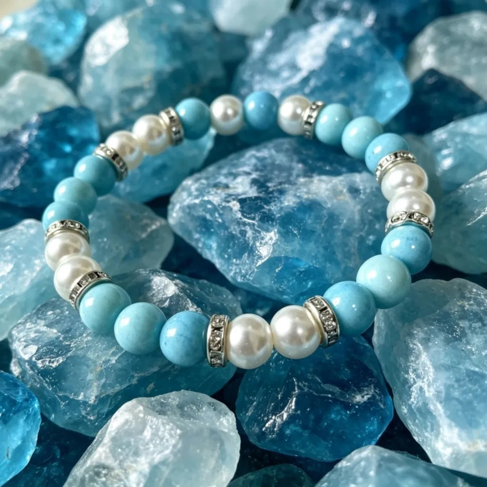 1pc Fresh Turquoise & White Pearl Color Block Beaded Bracelet, Simple Marble Texture Handcrafted Design, Bohemian Style, Attracts Wealth & Prosperity, Promotes Career Growth, Suitable for Daily Wear, Unisex, Perfect Gift for