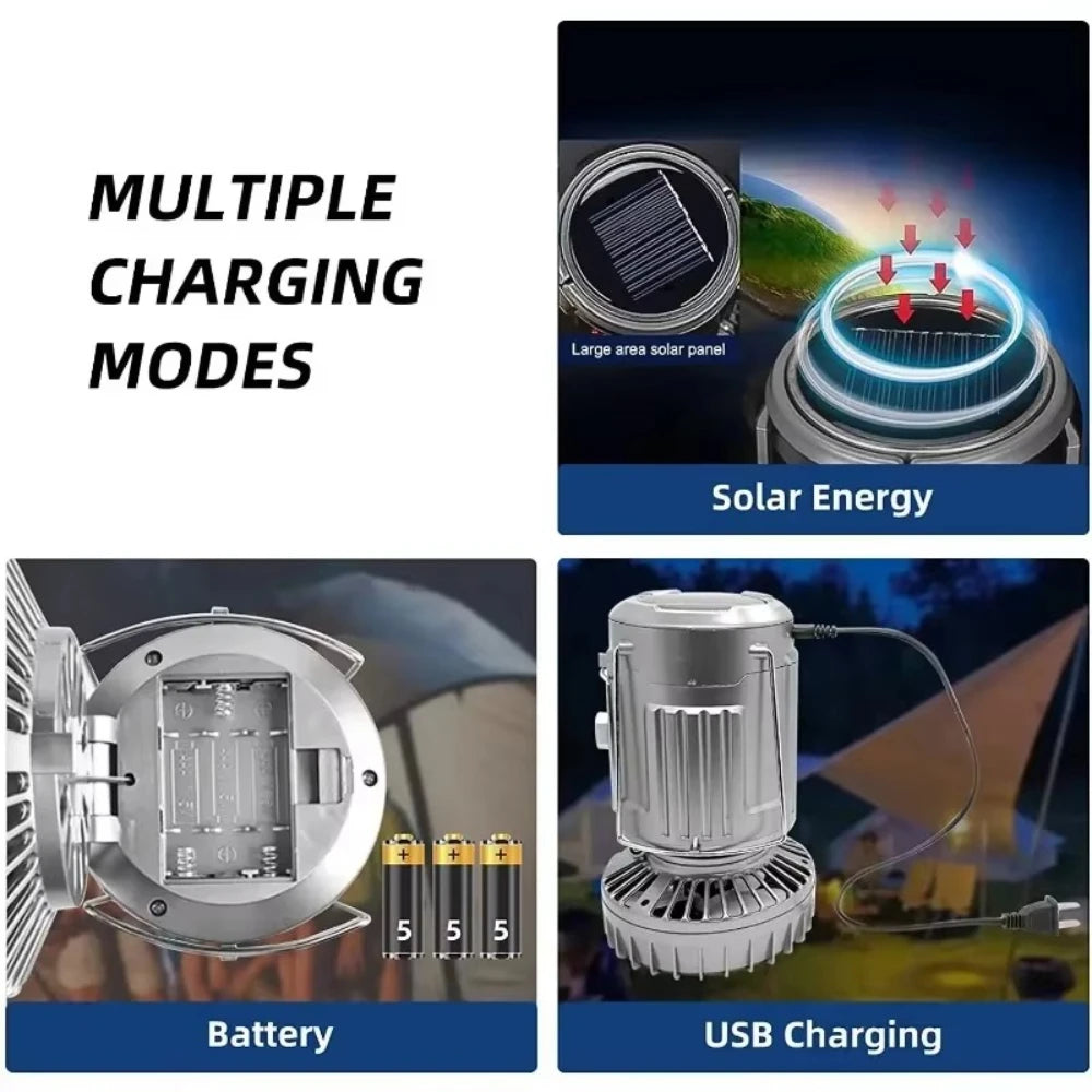LED Camping Lantern, Outdoor Solar Camp Tent Lamp, USB Rechargeable, Portable Emergency Lights,